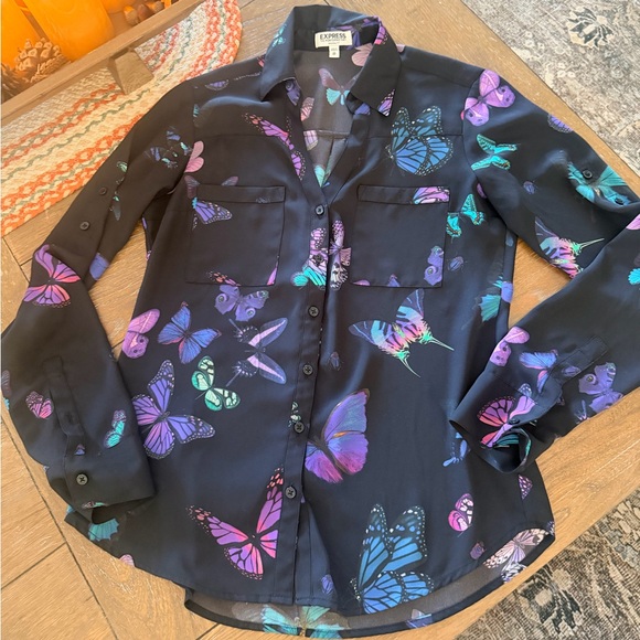 Express Black Portofino Shirt with Colorful Butterfly Design - Picture 2 of 4